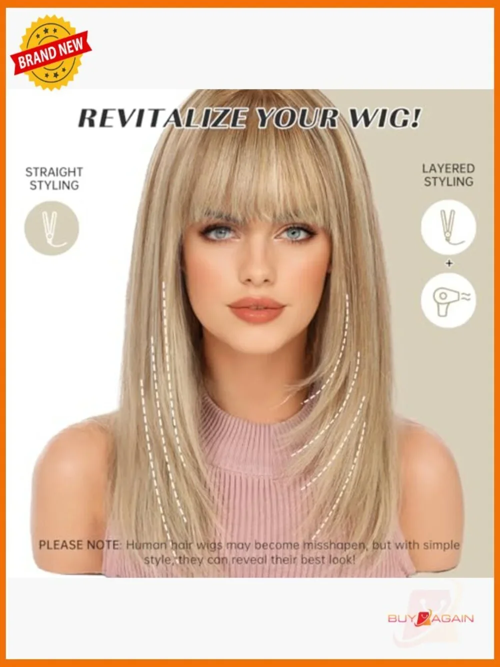 16 Inch Human Hair Wig with Bangs, Real Hair Wigs for Women, Natural Look